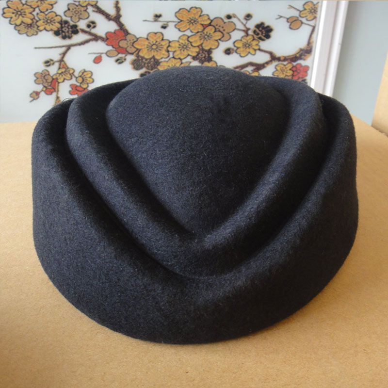 Gorro de lana pura , sombrero para azafata de 7cm de altura, pasador sólido, sombrero de cóctel, boina, Base para sombrero de mujer: Negro