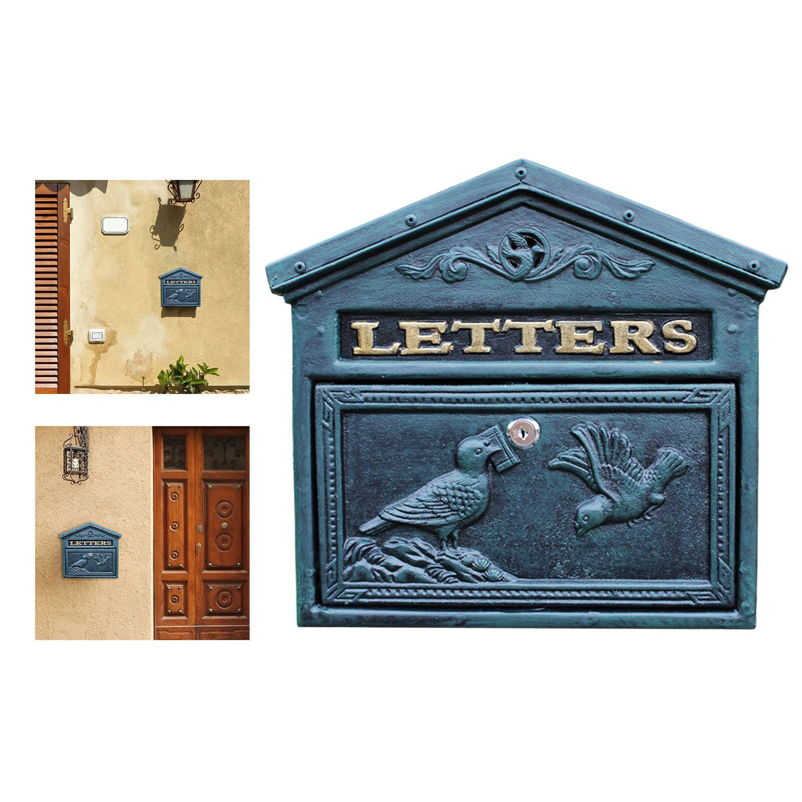 Waterproof pastoral style mailbox Retro Metal Wall Mounted Mailbox Bucket Newspaper Letter Box Post Garden Decor Box: Green