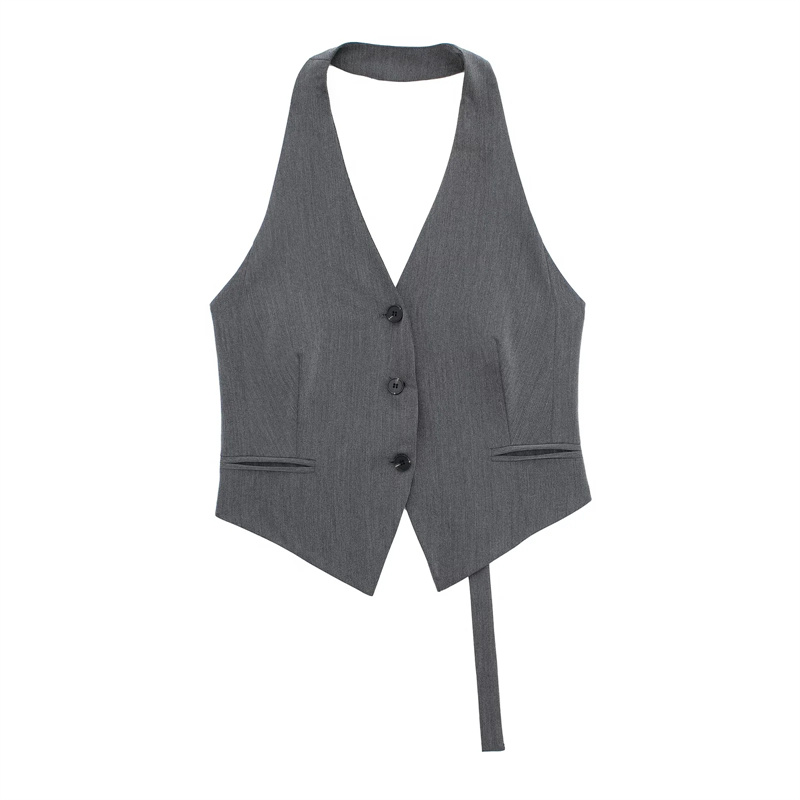 TRAF Black White Sleeveless Vest Women off Shoulder Cropped Vests for Women Waistcoat Halter Vest Top Women Vest Woman: L / GRAY