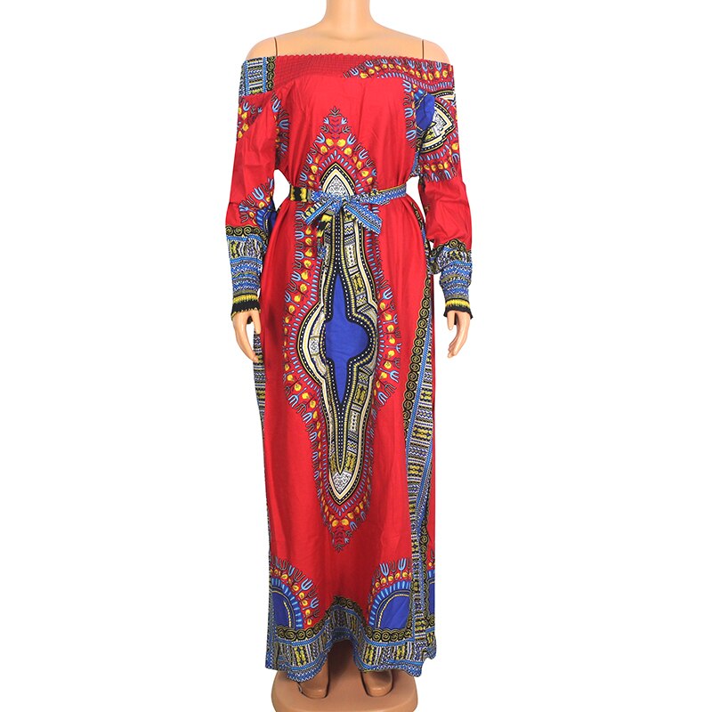 African Dashiki Off Shoulder Long Sleeve Blue Cotton Print Long Dress: Red