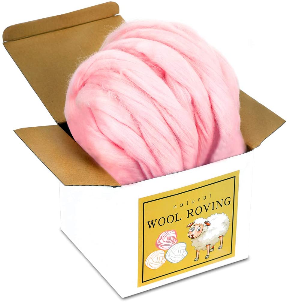 Imzay Wool Roving Bulk - Pink 8.82oz Super Wool Chunky Yarn, Wool Roving Top For Hand Spinning, Felting, Weaving And DIY Craft
