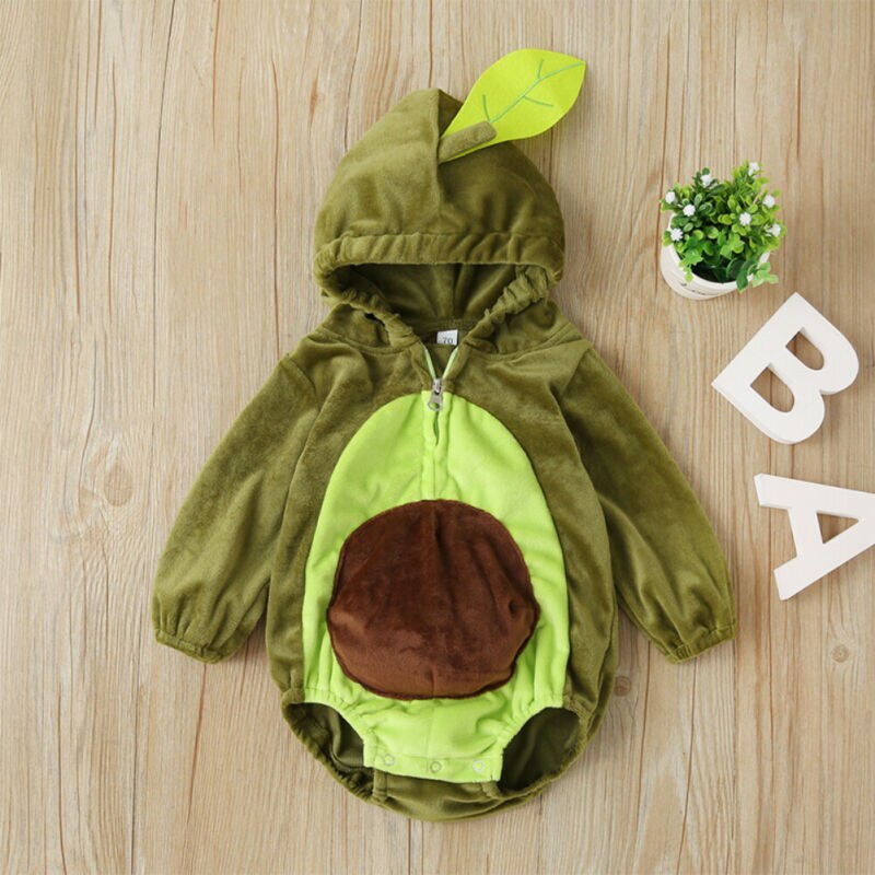 Børn baby piger drenge tøj langærmet avocado bodysuit hættetrøjer lynlås fløjl samlede tøj grøn ét stykke jakkesæt