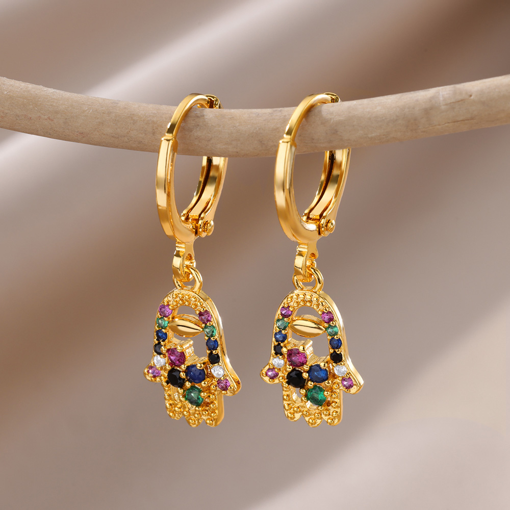 Mode Punk Evil Eye Oorringen Voor Vrouwen Goud Kleur Stainelss Staal Zirkoon Turkse Eye Fatima Hand Druppel Oorbel Sieraden: Imitation Rhodium Plated