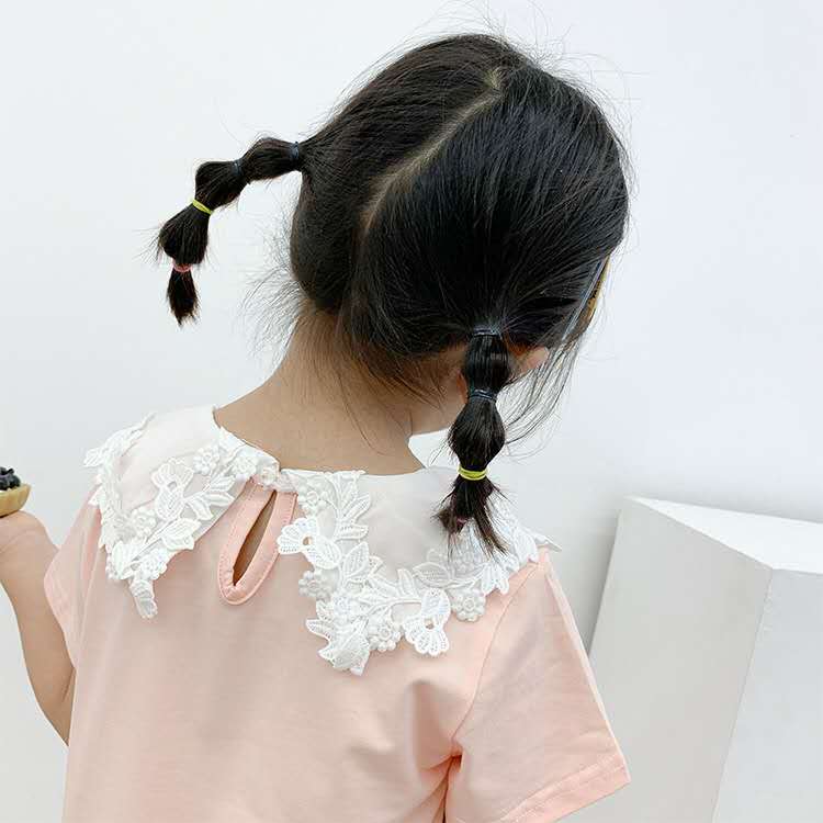 Kinderkleding Zomer Meisjes Kleine Verse Kant Pop Kraag Korte Mouwen T-shirt Baby Casual Wilde Effen Kleur top