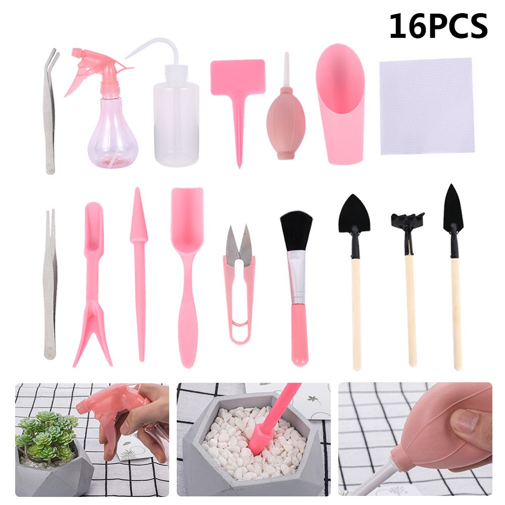 Succulent Planten Gereedschap 16Pcs Mini Tuin Hand Tool Schop Spade Hark Pincet Ketel Succulenten Planten Bonsai Gereedschap