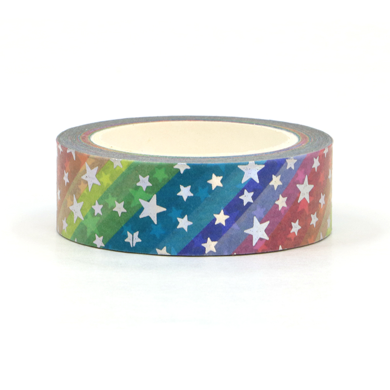 1 unidad. Cinta Washi de estrellas arcoíris de lámina plateada decorativa de 10M para planificador, pegatinas adhesivas para álbum de recortes, cinta adhesiva, papelería Kawaii bonita