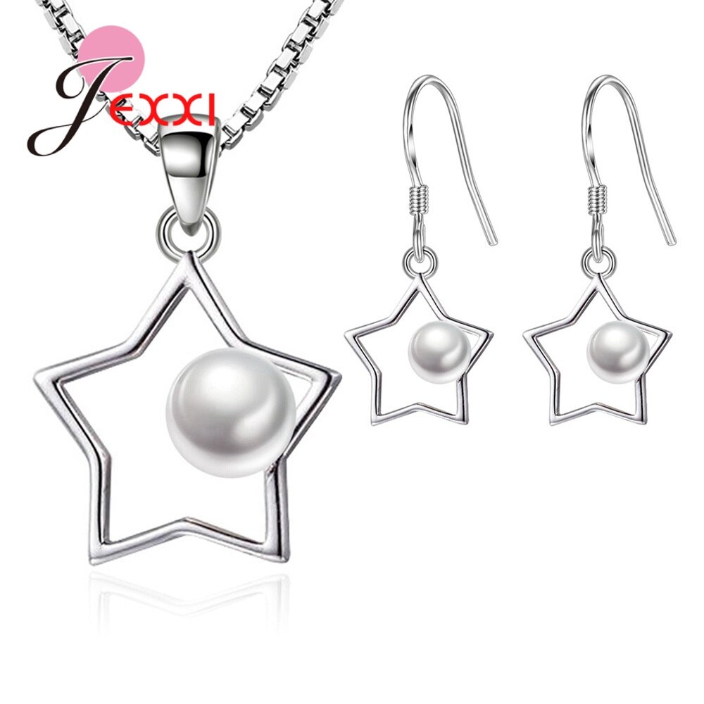 Women Freshwater Pearl Jewelry Sets 925 Sterling Silver Round Pearl Pendant Necklace Earrings Sets For