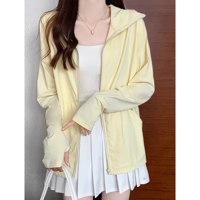 Summer Thin Ice Silk Sun Protection Jacket Women Korean Solid Basic Loose Hooded Cardigan Loose All Match Jogging Sports Tops