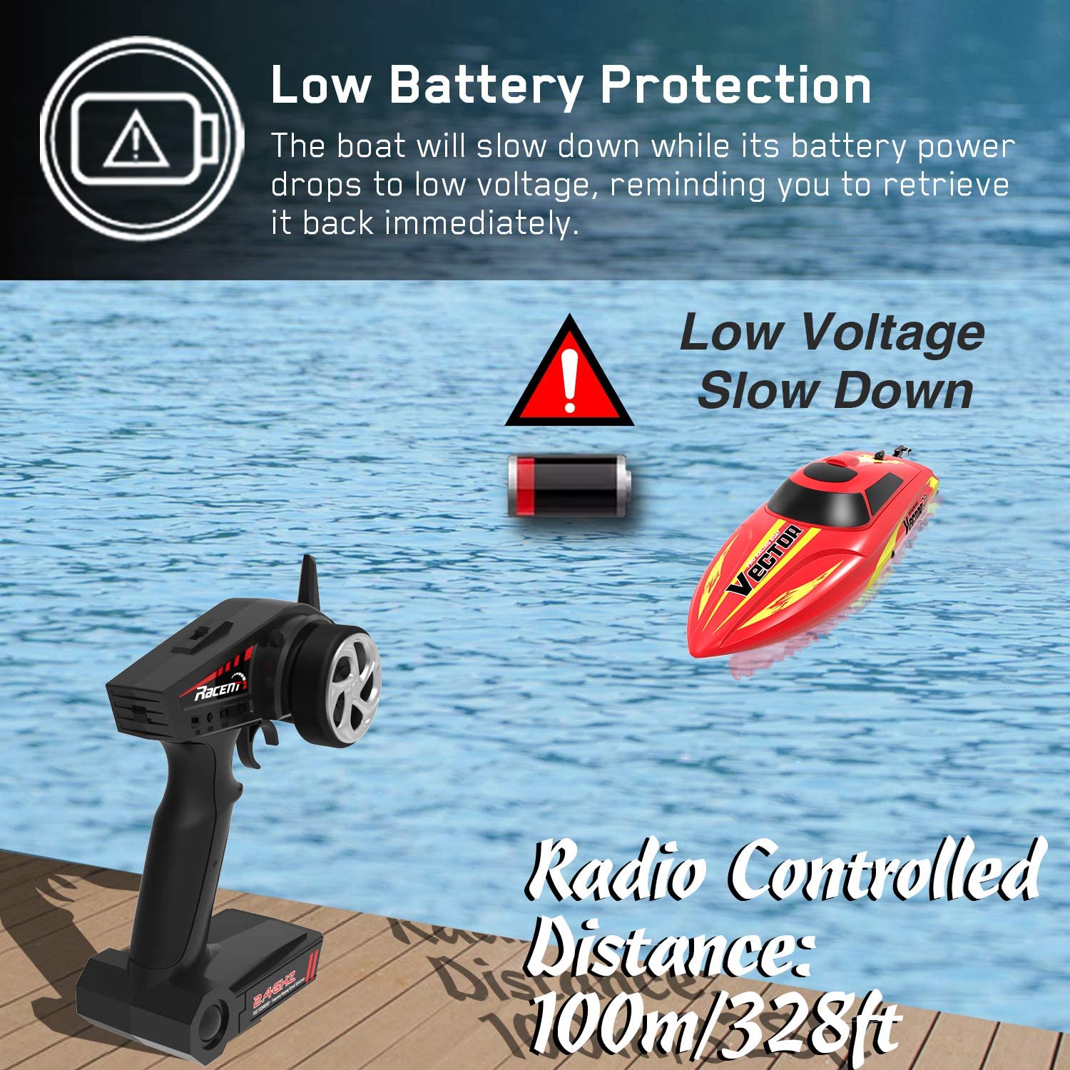 VOLANTEXRC Vector30 Remote Control Boat for Pools & Lakes, High Speed RC Boat for Kids or Adults with Self-righting (795-3) red