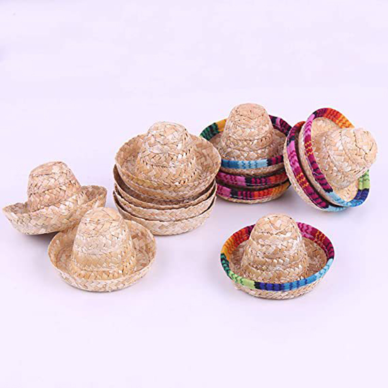1 Mini sombrero de paja mexicano, sombrero para botella de vino tinto, sombrero tejido Natural, sombrero de paja pequeño para , accesorio para muñeca, suministros para mesa de comedor y