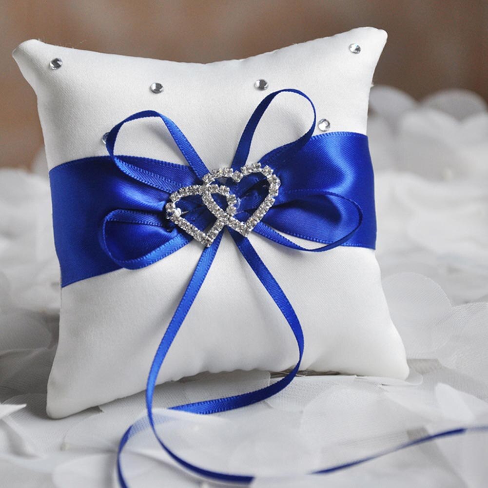 Wedding Ring Pillow Ribbon Bowknot Rhinestones Heart Decoration Party Satin Cushion INTE99