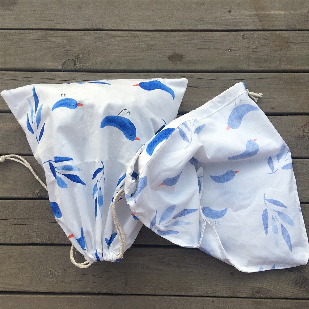 1pc Cotton Twill Drawstring Travel Organized Sorted Bag Party Bag Blue Leaf Bird YL9502