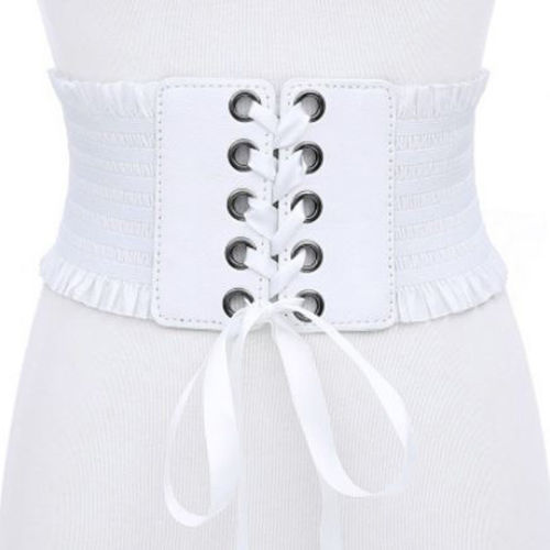 Womens Lady Stretch Buckle Waist Belt Wide Lace Leather stitching cross strap elastic Corset Waistband: White