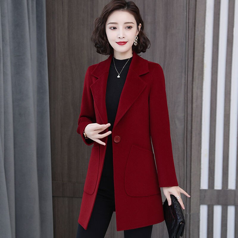 Woolen Coat Women&#39;s Mid-Length Slim 2022 Autumn And Winter Plus Size Women&#39;s Jacket: Burgundy / XXXL