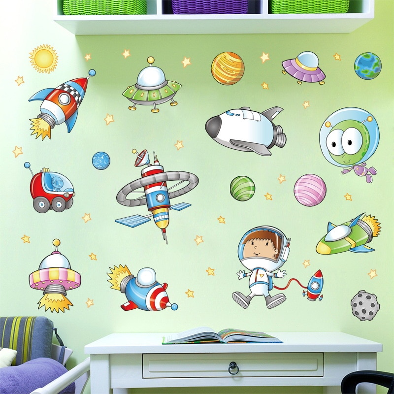 Cartoon Space ship Alien Wall Stickers Kids room Bedroom Nursery Wall Decals Removable Art Murals PVC Wallpaper Home Decor dc23