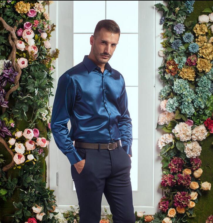 Heren Shirts Big Size Mannen Zeer Goede Lange Mouw Fluwelen Zijde Shirt Herfst Winter Mannen Warm Cultiveren Iemands moraal Shirt: Navy blue / M