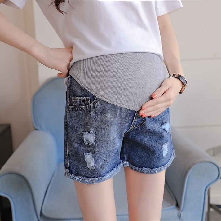Sommer Denim mutterschaft kurze Hose elastische taille bauch kurze Jeans kleidung für schwangere frauen zerrissene See
