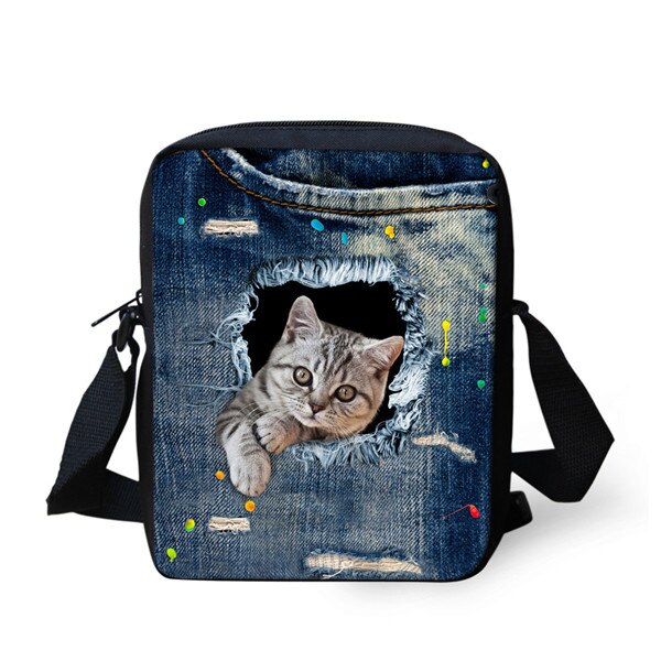 Instantarts Kawaii 3D Denim Kat Print Vrouwen Mini Messenger Bag Mode Dames Reizen Schoudertas Cross Body Bags: CA4914E