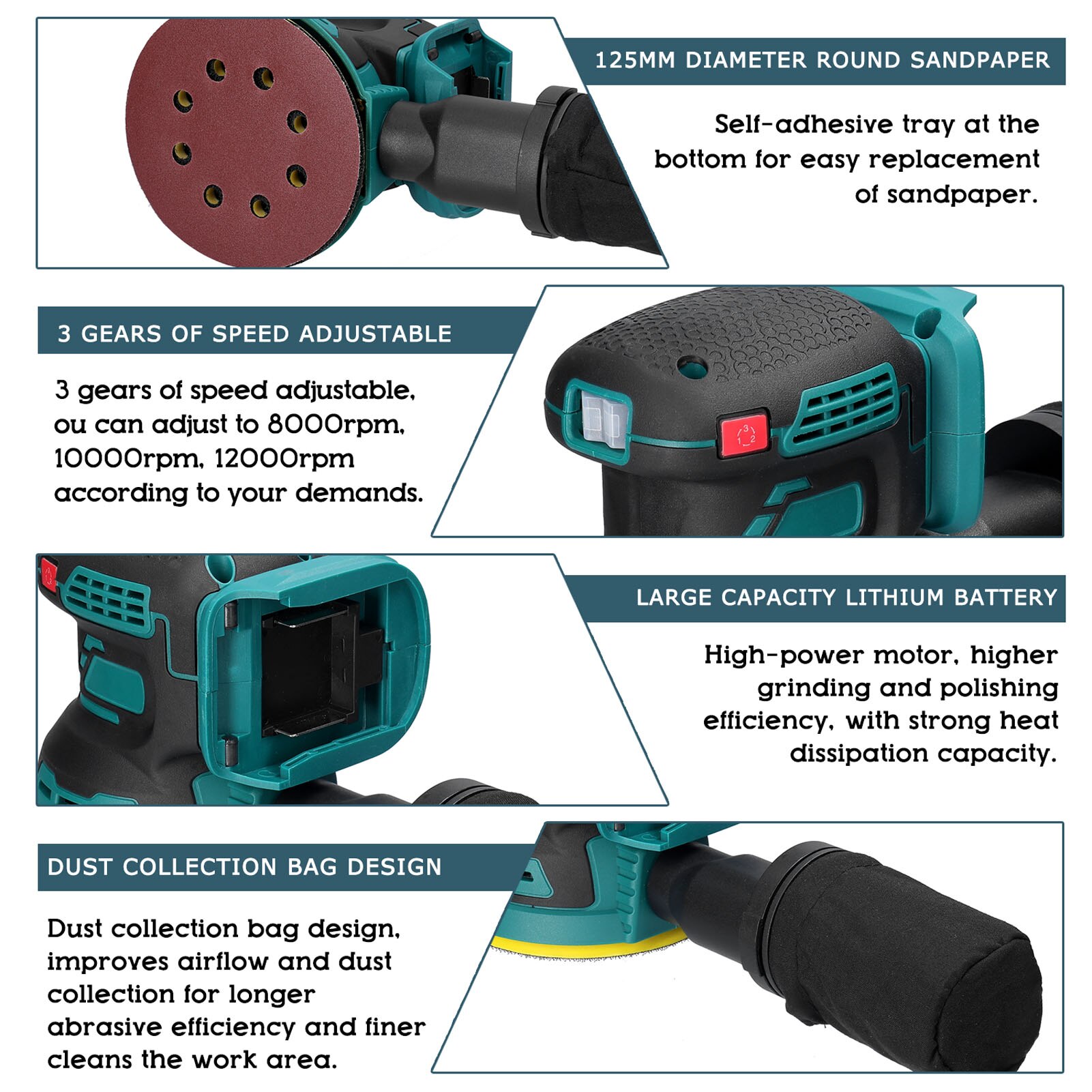 Cordless Electric Sander 8000/10000/12000rpm Wood Grinder Polisher 3 Speed Gears Adjustable Portable Polishing Grinding Machine