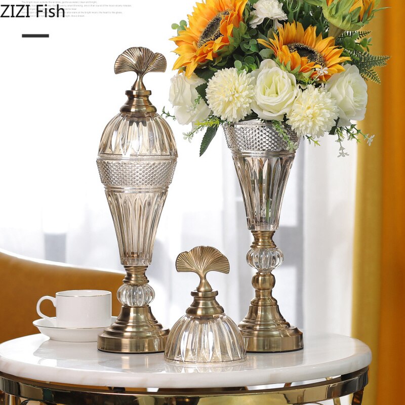 European Metal Glass Small Storage Tank Small Ornaments with Lid Art Crafts Living Room Office Flower Crystal Candy Storage Jar