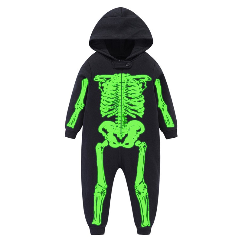 Mudkingdom Lente Herfst Jumpsuit Meisjes Jongens Halloween Glow Rompertjes Schedel Skelet Fleece Gevoerde Capuchon Halloween Kleding: 5T