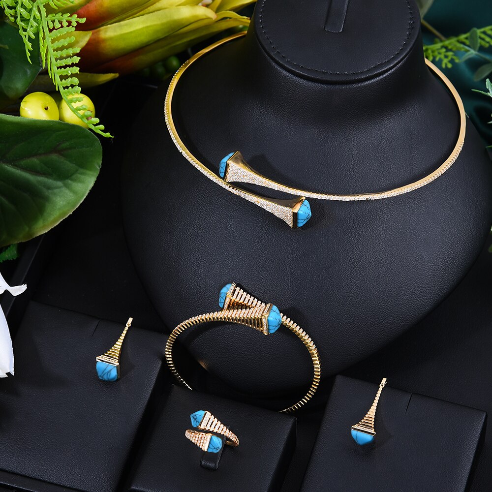GODKI nowa sława marka 4 sztuk Waterdrop zestawy biżuterii dla kobiet Wedding Party Cubic cyrkon wysokiej klasy Craft Dubai zestaw biżuterii ślubnej: gold tuquoise set