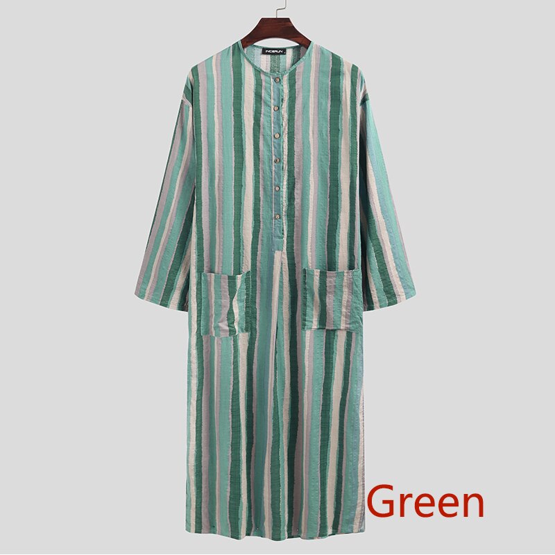 Mannen Saudi Stijl Gestreepte Jubba Thobe Mannen Zakken Abaya Moslim Kaftan Robe Lange Mouwen V-hals Islamitische Arabische Kleding 5XL incerun: Green / L