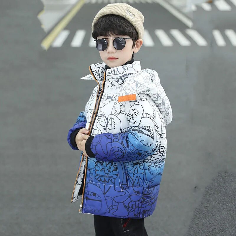 Novo 2021 inverno jaqueta de poliéster para o menino moda gradual mudança com capuz manter quente algodão casaco bonito casual roupas das crianças