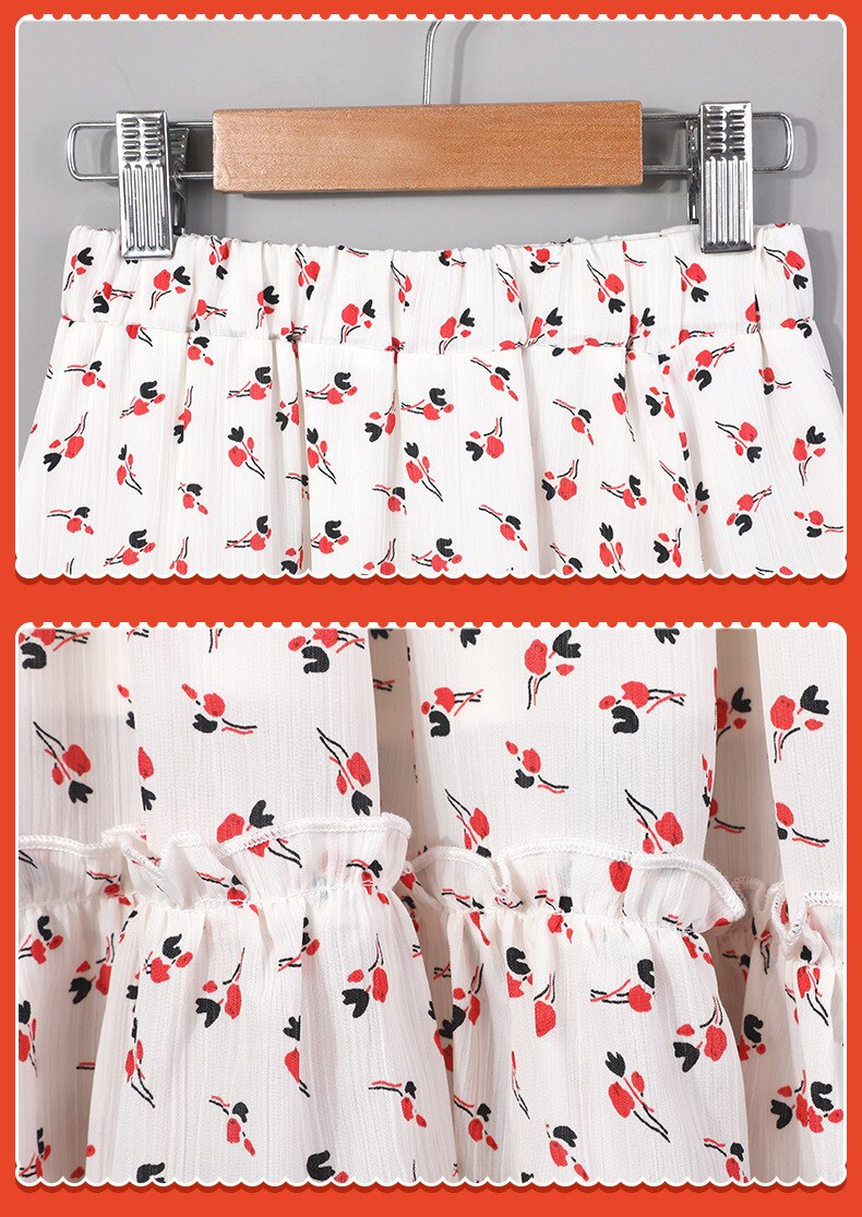 Summer Girls Floral Skirt Teen Girls Chiffon Skirt Kids Maxi Ruffle Skirts Cute Children Clothing Size 4 6 8 10 12