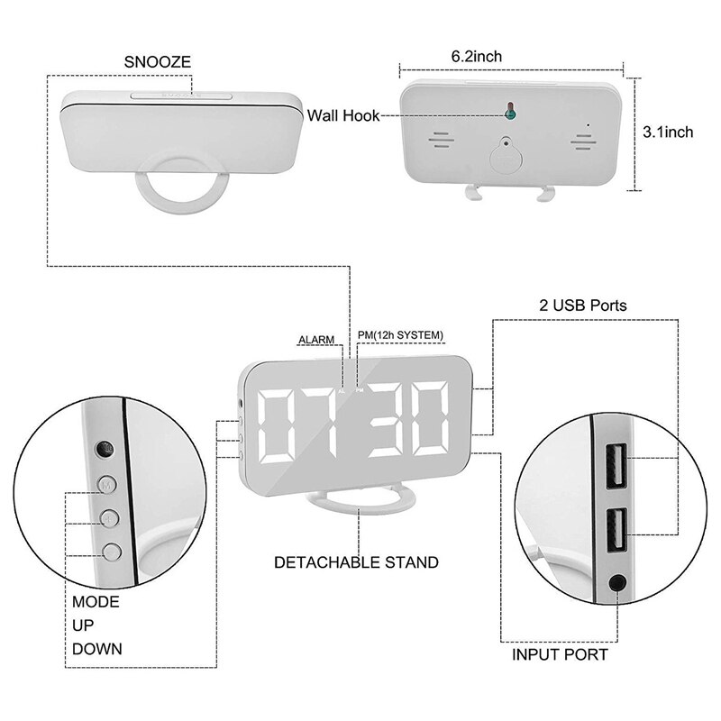 Digital Alarm Clock,Electronic Clock with USB Interface,LED Clock,Bedside Alarm Clock
