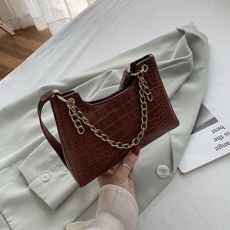 female bag small bag Korean texture wild crocodile pattern shoulder bag net red envelope chain handbag: Light Brown