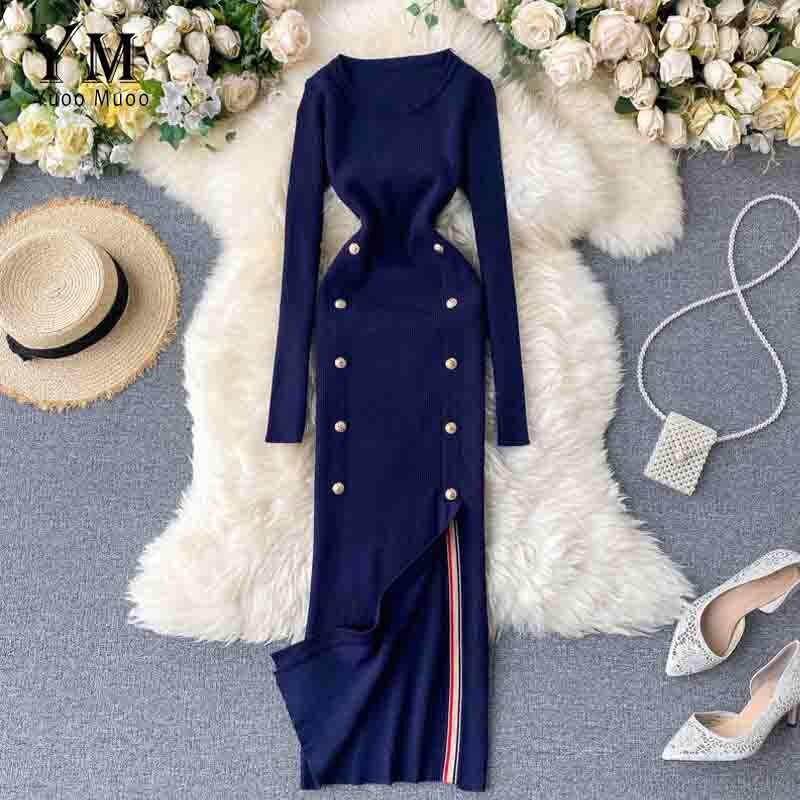 Yuoomuoo Elegante Vintage Double-Breasted Office Dames Jurk Herfst Winter Gebreide Lange Jurk Vrouwelijke Split Bodycon Jurk: Marineblauw
