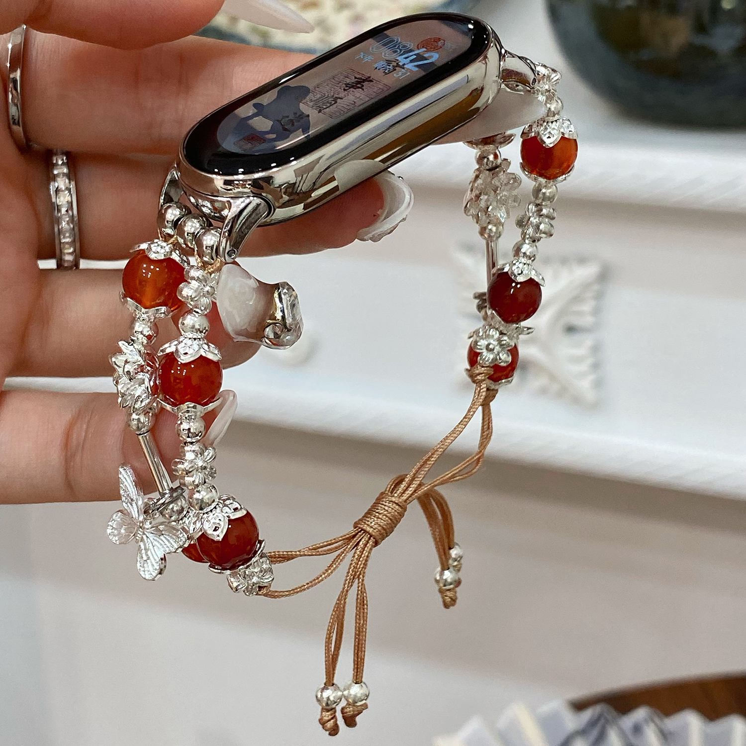 For xiaomi mi Band 8 straps Mi3 4 6 5 7 Model transparent PC watch frame Chinese bow beaded strap Mi8 9 Metal connector