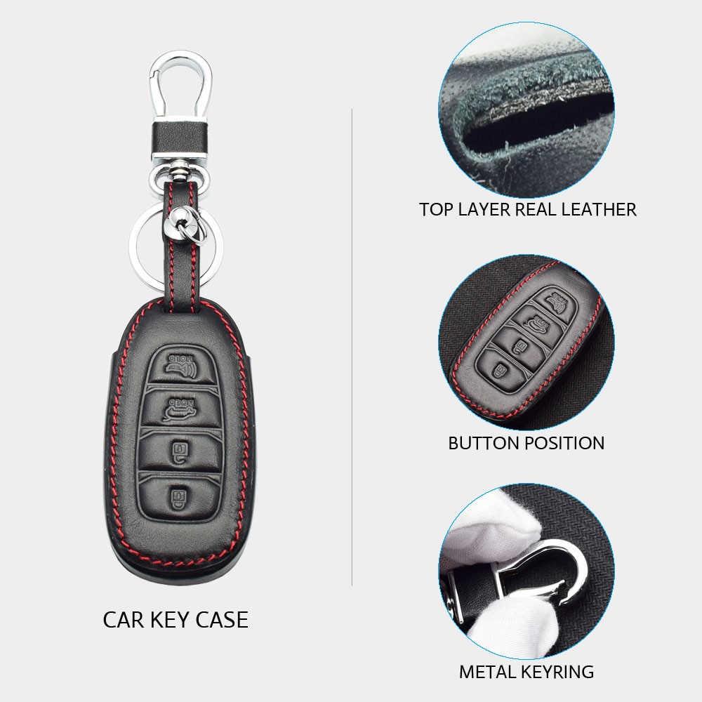 Funda de cuero para llave de coche Hyundai Kona Santa Fe TM 4 botones Smart Prox sin llave cubierta de mando de llave a distancia llavero Protector