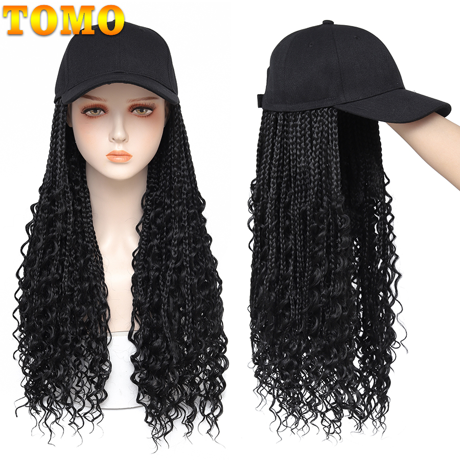 TOMO-gorra de béisbol con extensiones de pelo de ganchillo para mujer, sombrero ajustable con peluca sintética, trenzas de caja rizadas adjuntas