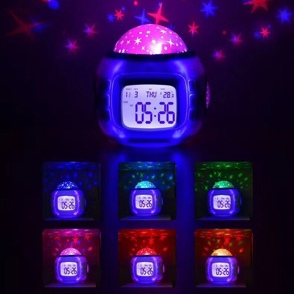 Music Starry Sky Star Projector Digital Alarm Clock Projection Night Light Color Changing Desk Clock Calendar Children