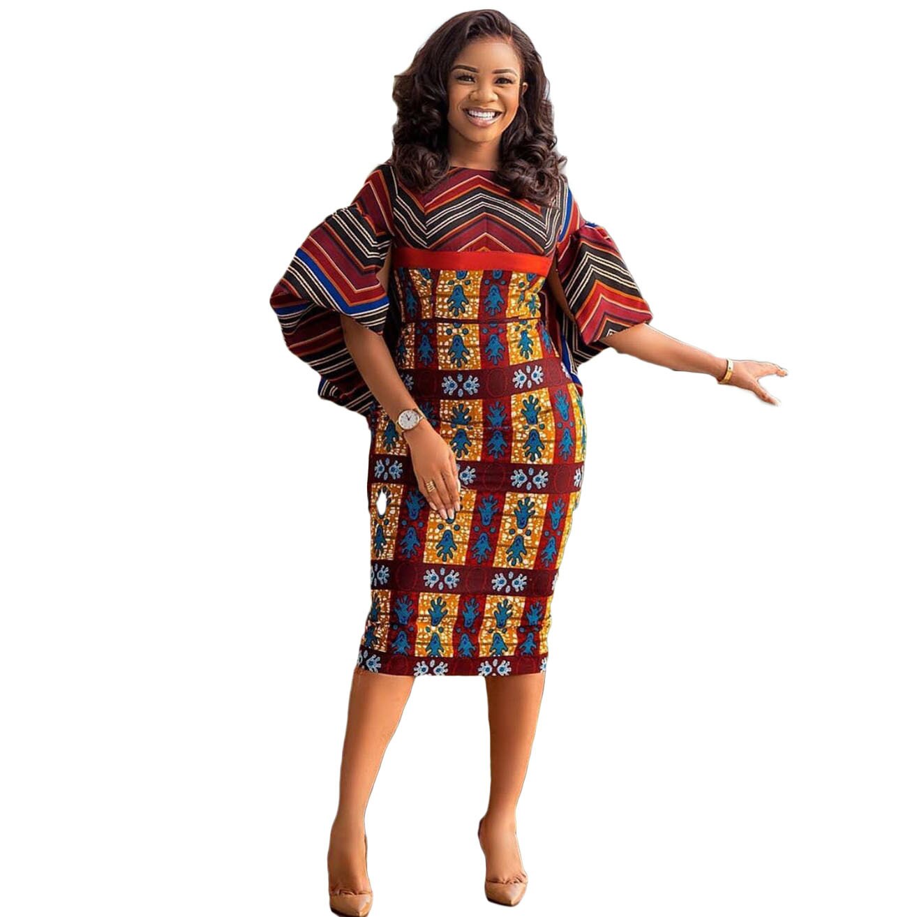Polyester Mode Afrikaanse Jurken Voor Vrouwen Lente Herfst Dashiki Afrika Stijl Afdrukken Rijke Bazin Dashiki Midi Jurken