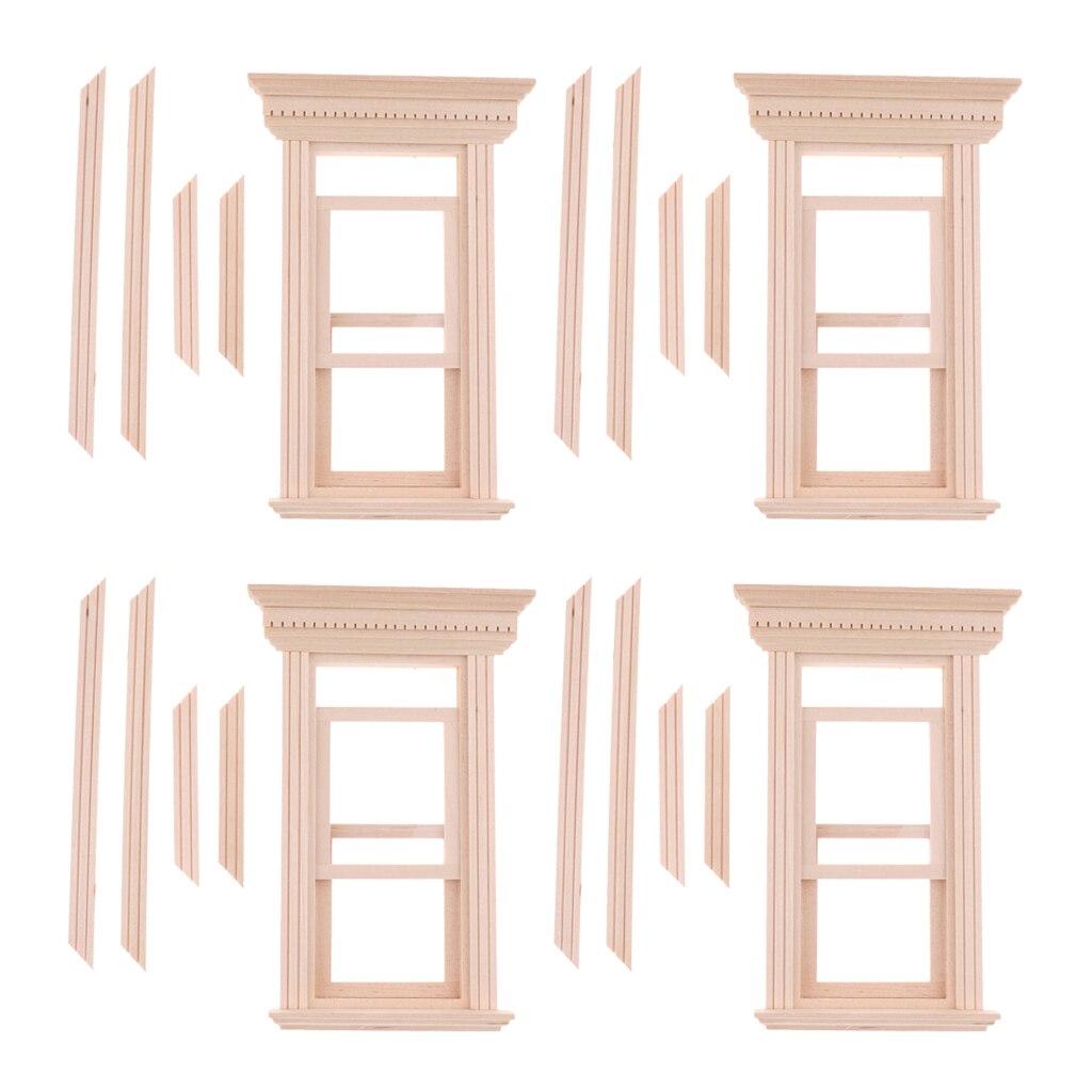 4 Set Dollhouse Furniture Wooden Unpainted 1 12 Scale Movable Sash Window Model (with Frame Parts), Room Garden DIY Decoration