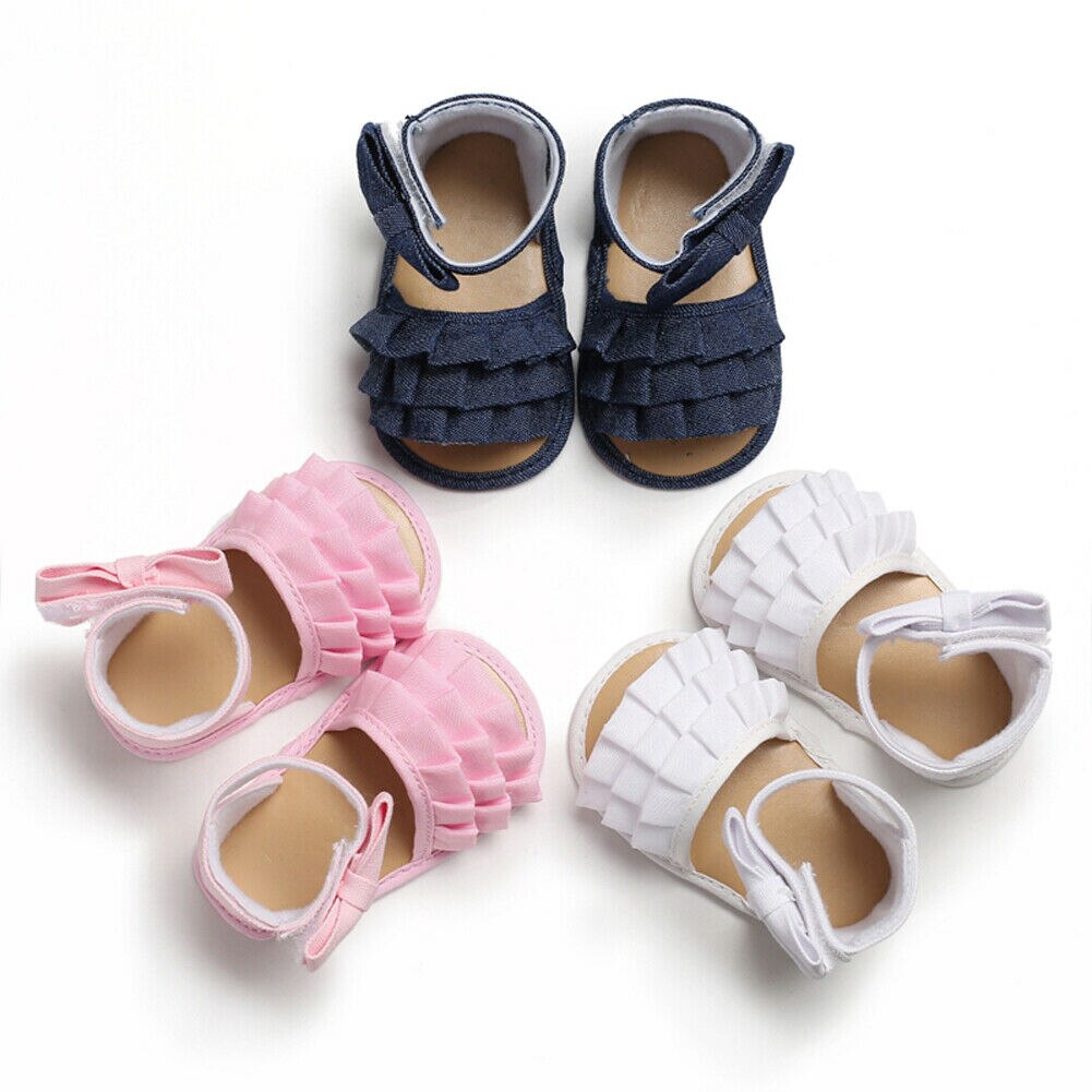 Cute Summer Baby Girls Sandals Ruffle Solid Casual Canvas Toddler Baby Girls Soft Crib Bow Shoes Princess Shoes Clogs