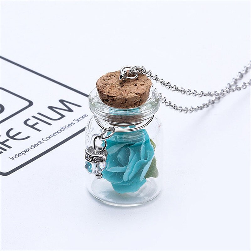 Drift Flasche Getrocknete Blume Anhänger Halskette Kreative Luminous Rose Kristall Glas Fläschchen Anhänger Halskette: blue