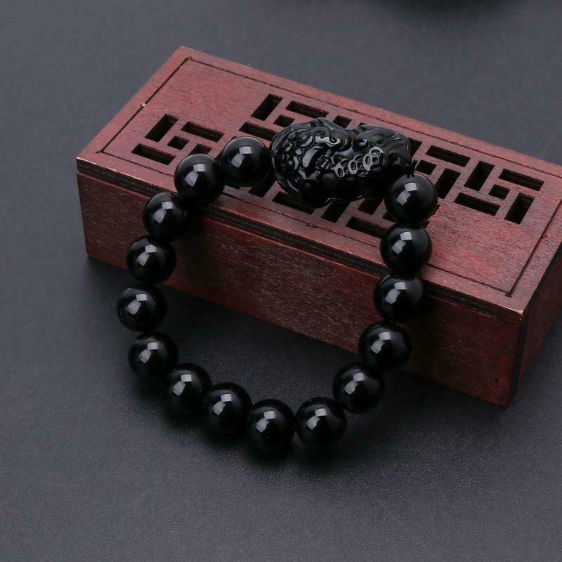 2 uds Feng Shui negro obsidiana piedra riqueza Pi Xiu pulsera de la suerte