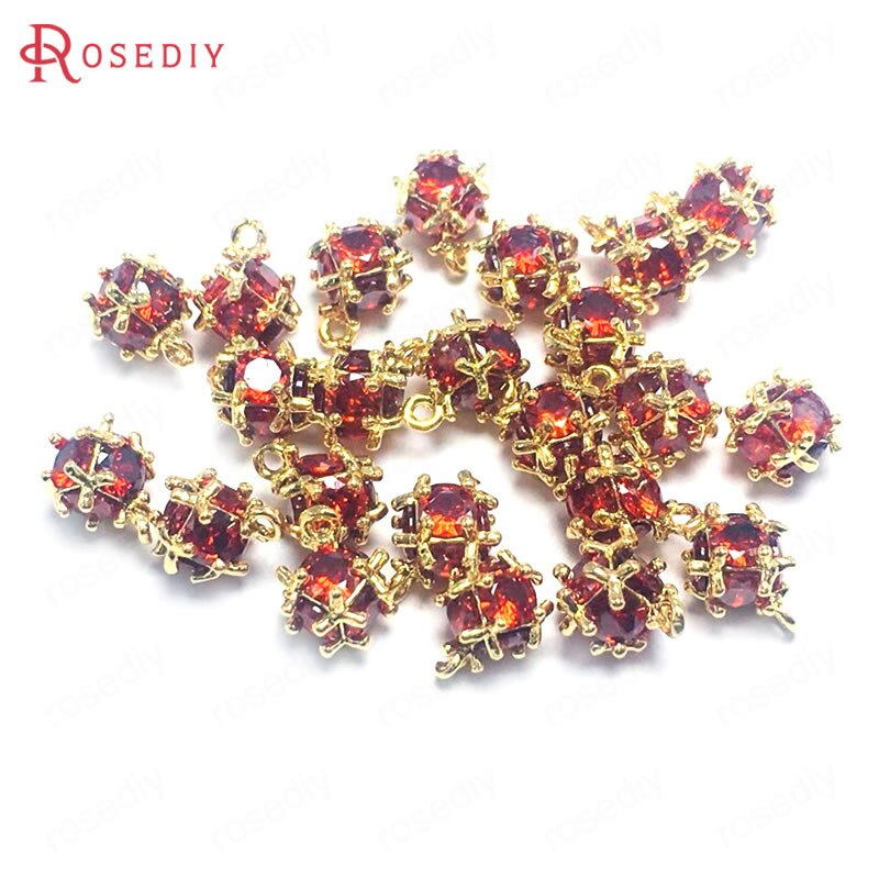 (38109)6PCS Zircon 4MM or 6MM 24K Champagne Gold Color Brass and Zircon Cube Charms Pendants Jewelry Making Supplies Accessories: Dark Red / Cube 6-7MM