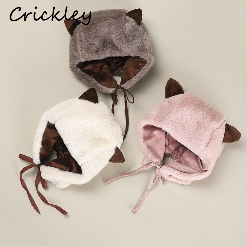 Leuke Kat Kids Hoeden Warme Dikke Bont Pluche Jongens Meisjes Winter Caps Effen Peuter Motorkap Oor Flap Mof Kinderen hoeden 4 Kleuren