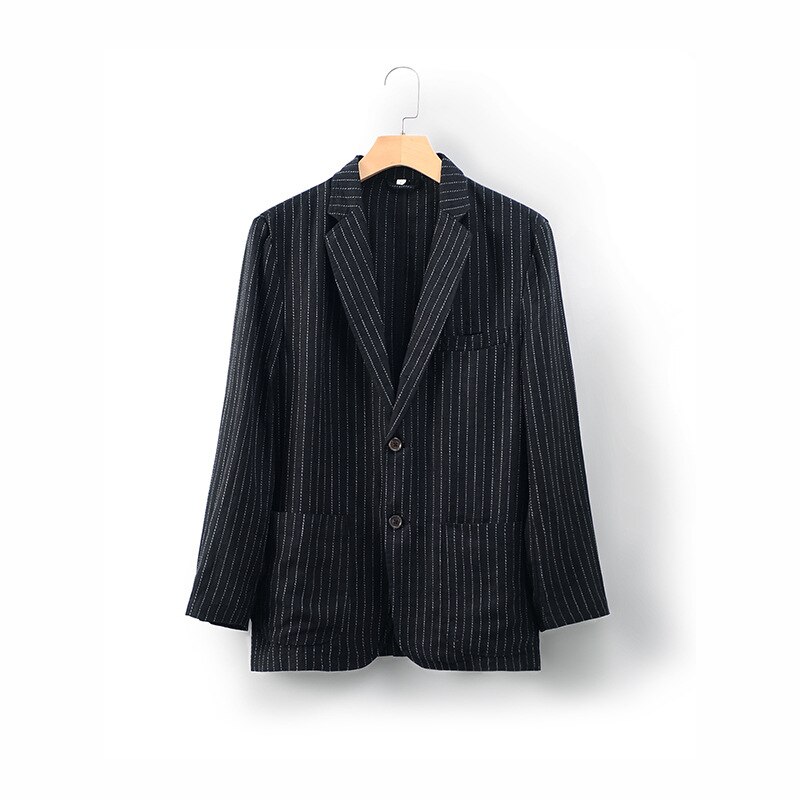 D001 Men Casual Linen Striped Suit Spring Autumn Daily Business Office Simple Tailored Collar Back Slit Multi-Pocket Clothes: Black / L