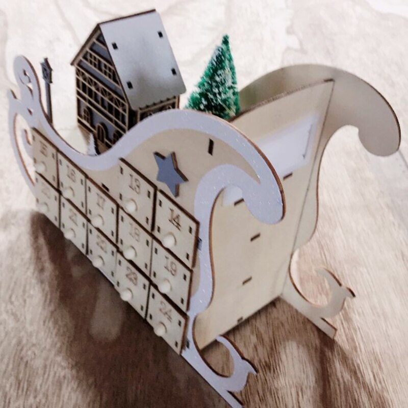 Tree House Sleigh Wooden Advent Calendar Countdown Christmas Party Decor 24 Drawers with LED Light Ornament