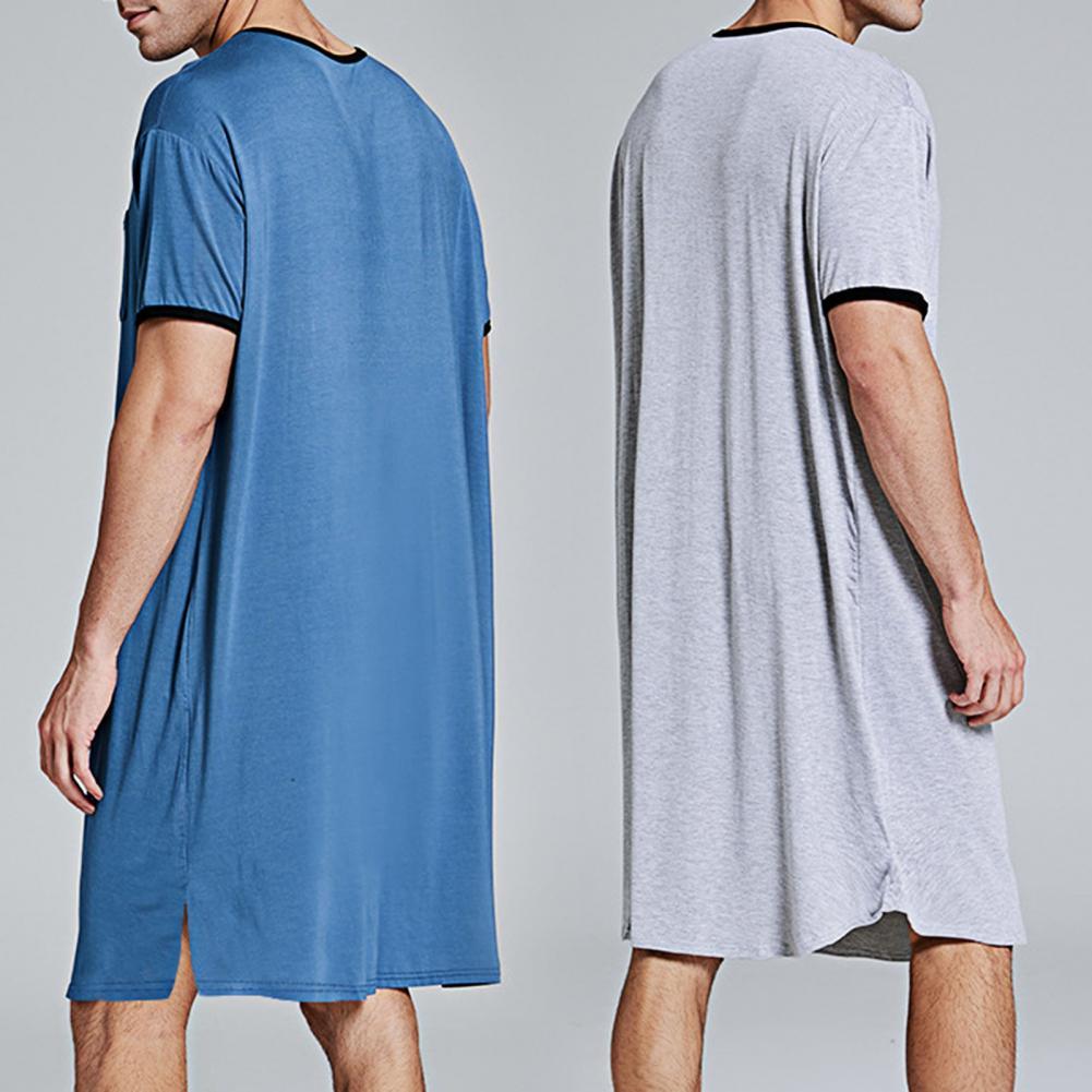 Mannen Slaap Gewaden Korte Mouw O Hals Pocket Nachthemd Zachte Losse Knielange Nachtjapon Homewear Heren Badjassen