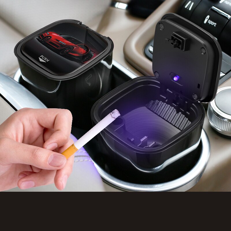 Cenicero multifunción para coche, accesorio con cubierta de luz LED azul, automático, retardante de llama, interior