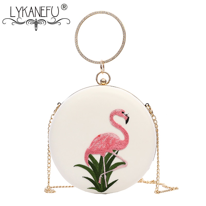 LYKANEFU Crane Pattern Evening Bag Round Clutch Purse Women Shoulder Bag Chain Frame Day Clutches Ladies Party Tote Hand Bag