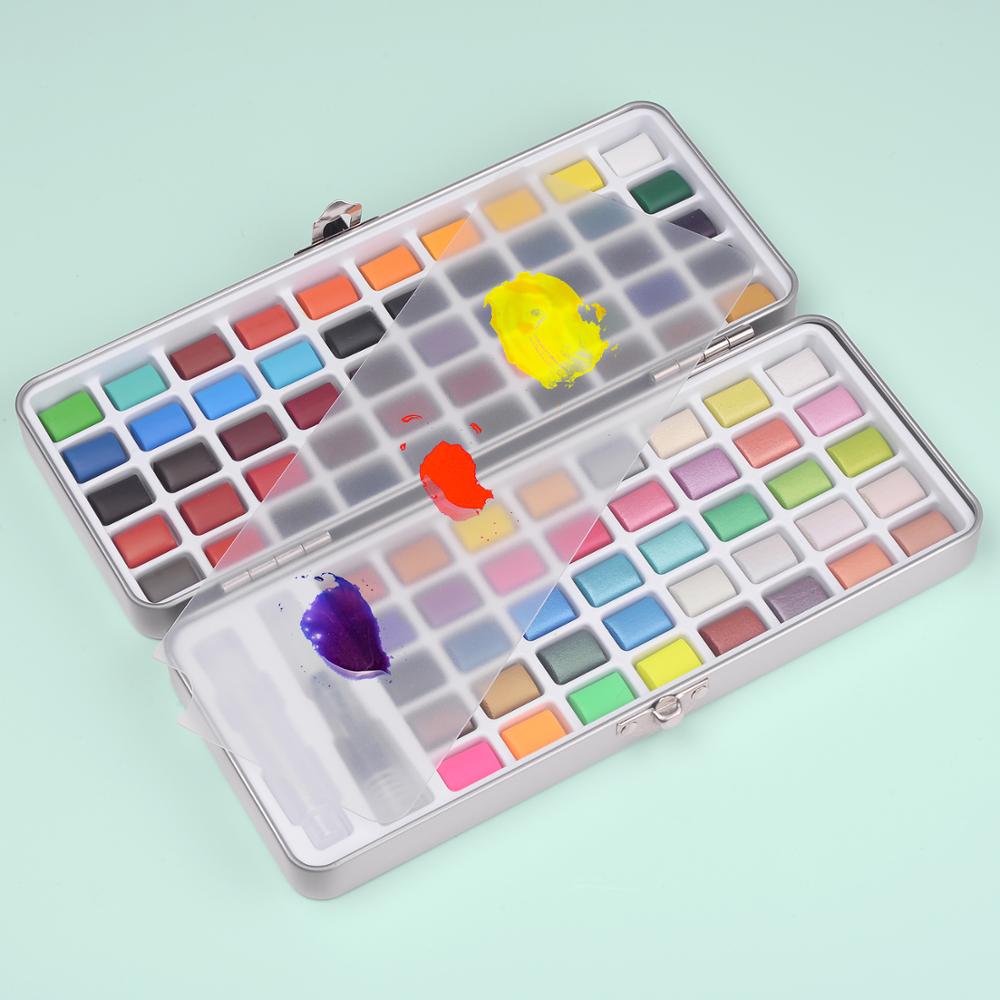 50/90 Colors Solid Watercolor Paint Set Contains Brushes in a Portable Metal Box for Beginner Drawing Painting Art Supplies