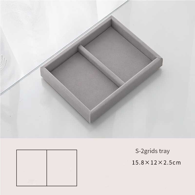 Caja de joyería artesanal hecha a mano, cajón organizador de almacenamiento de joyas de terciopelo suave gris, pendientes, collar, colgante, pulsera, bandeja, 9 opciones: S 2grids tray
